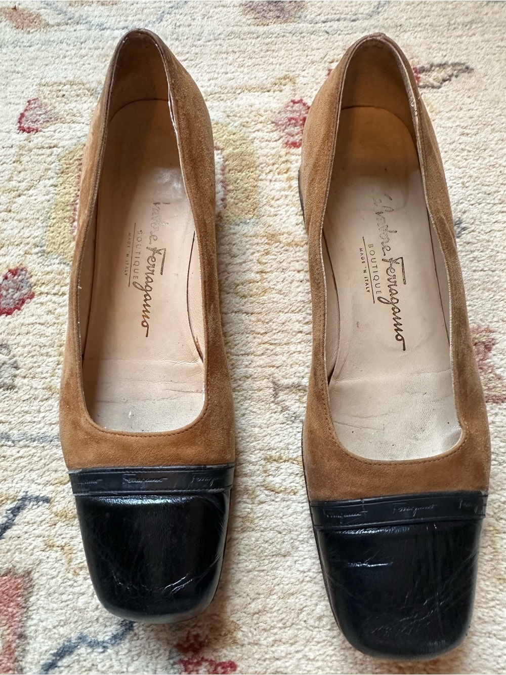 Salvatore Ferragamo Brown Suede and Black Leather Cap-Toe Low Heel Pumps 8